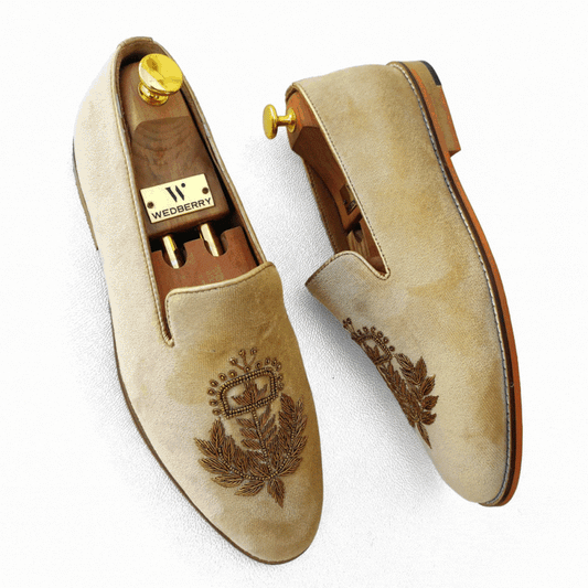 Ivory Velvet with Antique Gold Zardozi Handwork Wedding Shoes Ethnic Loafers Nagra Slipon Mojri for Men