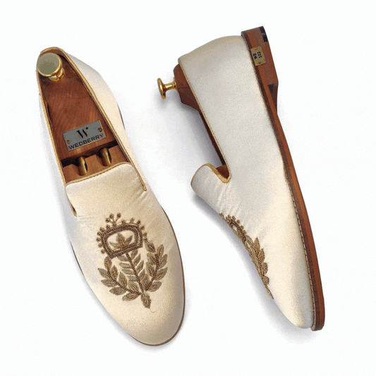 Ivory Satin Silk with Golden Zardozi Handwork Loafers for Men