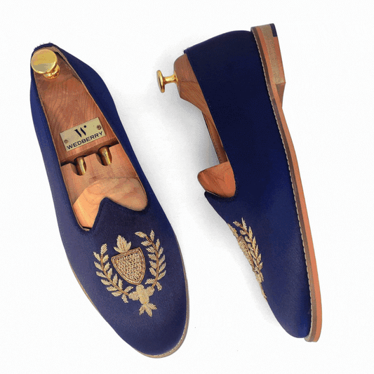 Navy Blue Zardozi Handwork Wedding Ethnic Shoes Party Loafers for Men