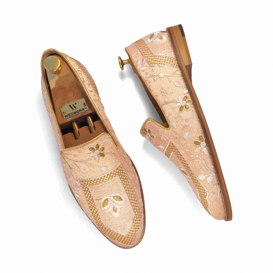 Peach and White Embroidery Ethnic Wedding Loafer Nagra Mojri for Men