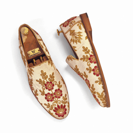 Biege Gold and Cherry Full Embroidery Loafer Mojari Slipon for Men
