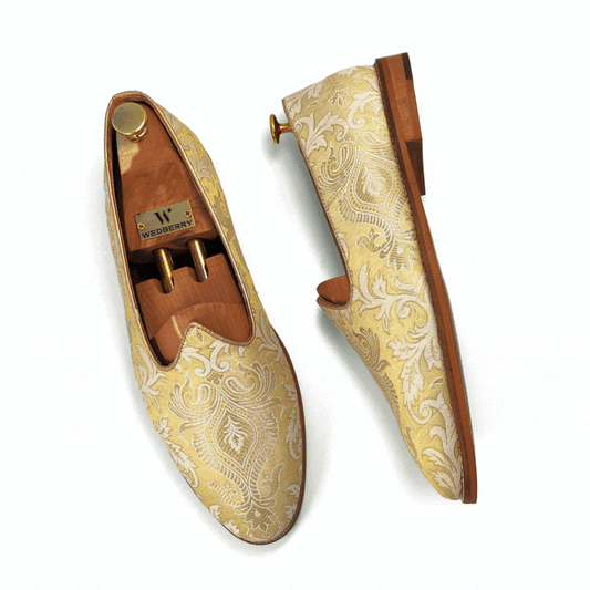 Molten Ice Gold Embroidery Ethnic Wedding Mojari Shoes Loafer for Men