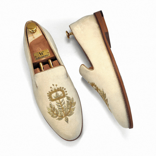 Light Ivory Velvet with Bright Gold Zardozi Handwork Wedding Shoes Ethnic Loafers for Men