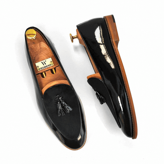 Black Patent and Velvet Tassle Ethnic Wedding Shoes Loafer Slipon for Men